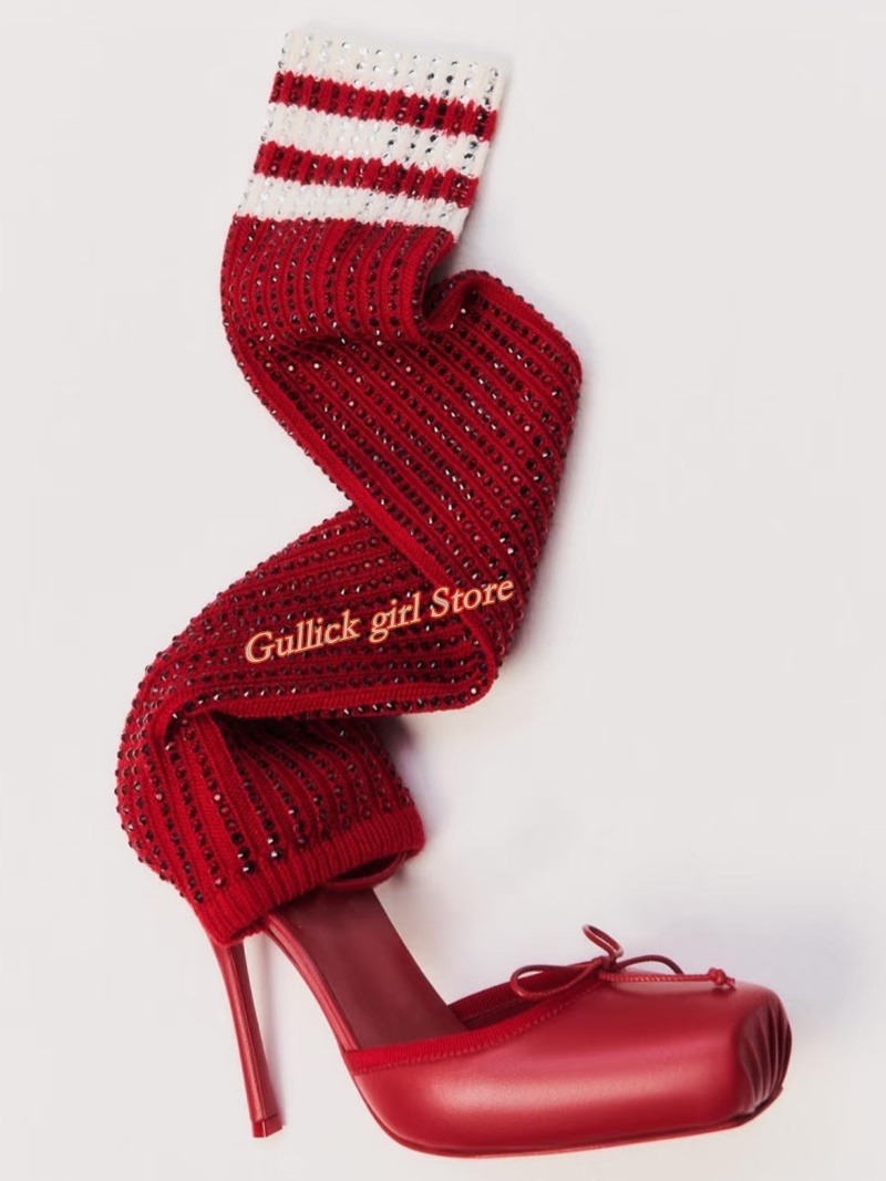 Red Knit Square Toe Boots Cut  – обзор и цена Sock Boot Women